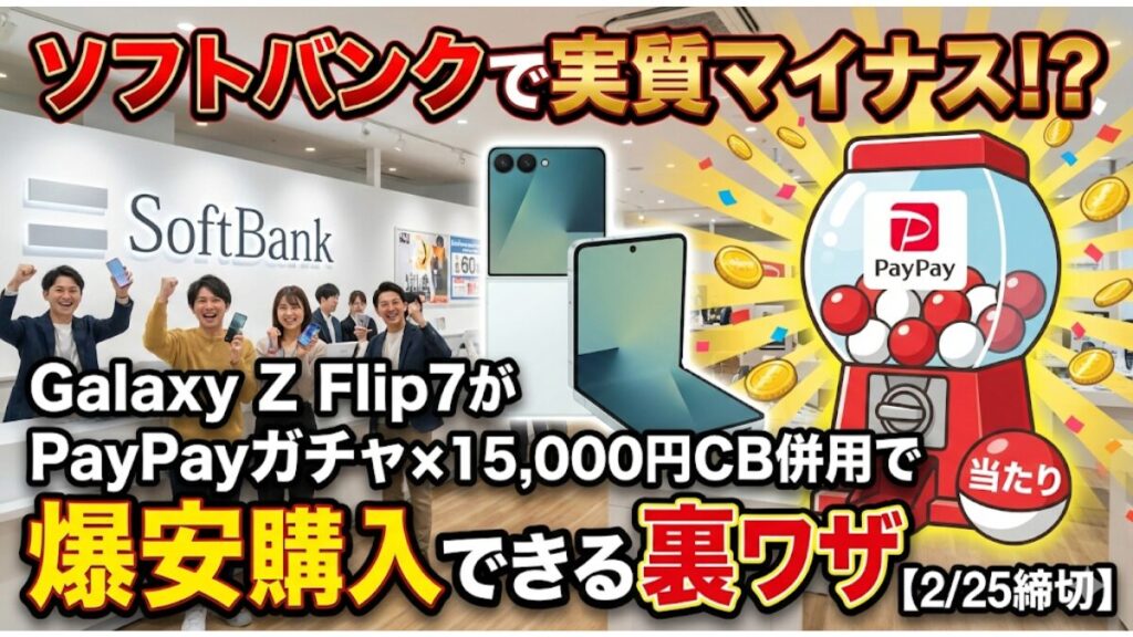 Galaxy Z Flip7がソフトバンクで実質マイナス！？PayPayガチャ×15,000円CB併用で爆安購入できる裏ワザ【2/25締切】