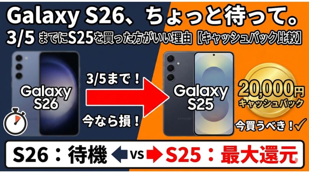 Galaxy S26、ちょっと待って。3/5までにS25を買った方がいい理由【キャッシュバック比較】